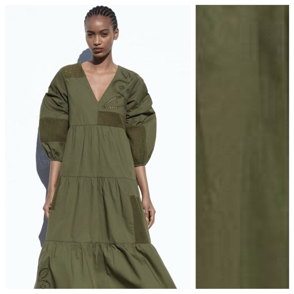 Zara Olive Patchwork V-Neck Tiered Midi Dress - Picture 2 of 16